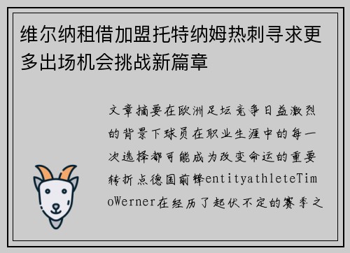 维尔纳租借加盟托特纳姆热刺寻求更多出场机会挑战新篇章 维尔纳租借加盟托特纳姆热刺寻求更多出场机会挑战新篇章